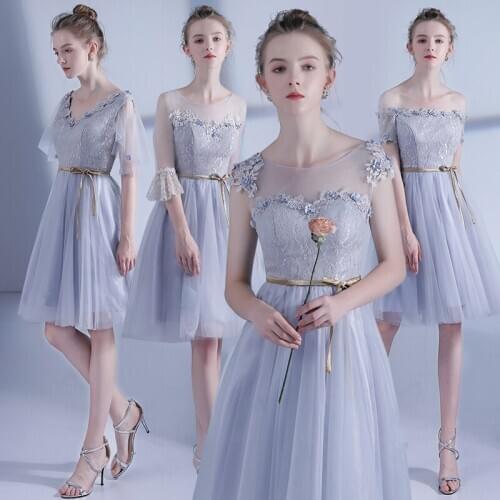 Bridesmaids Dresses Illusion Ribbons Appliques Lace Embroidery Knee-Length Strapless A-Line Tulle Women Wedding Party Gown E104