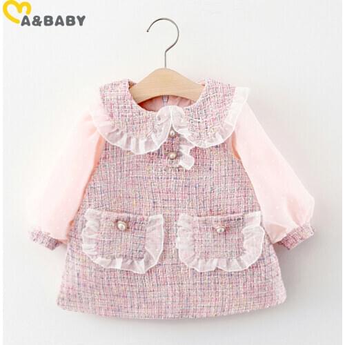 Ma&Baby 0-3Y Princess Newborn Infant Baby Girl Party Dress Autumn Long Sleeve Peter Pan Collar Lace Ruffles Pocket A-Line Dress