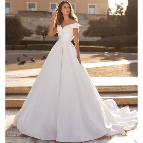 Simple Wedding Dress A-Line Off The Shoulder Sweetheart Illusion Button Back Floor Length Sweep Train Bride Gown Custom Made New