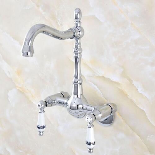 Silver Chrome Brass Wall Mounted Kitchen Sink Faucet Bathroom Basin Mixer Water Taps Swivel Spout - Adjusts From 3-3/8" mqg203