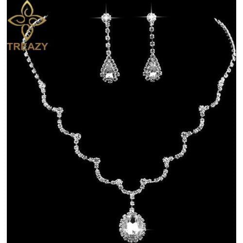 TREAZY Wave Waterdrop Shape Crystal Bridal Jewelry Set For Women Silver Plated Rhinestone Necklace Earrings Wedding Jewerlry Set
