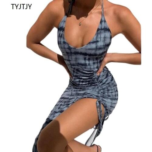 TYJTJY Sleeveless Ruched Slit Womens Maxi Dresses Party Club Outfits Fashion Print Sexy Backless Dress Elegant Clothes