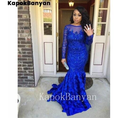 3D Flowers Scoop Neck Long Sleeves Open Back Mermaid Prom Dresses Lace Mermaid Trumpet Evening Gown