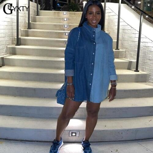 GBYXTY Chic Color Patchwork Contrast Color Long Denim Jacket for Women Casual Loose Autumn Button Jeans Coat Trench ZL1300