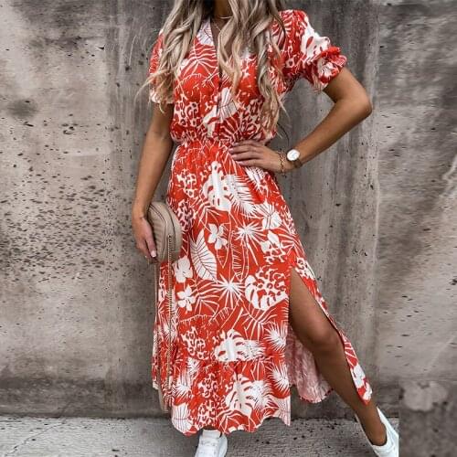 Elegant Gorgeous Floral Print Party Dress Women 2021 Summer V Neck Button Split Long Dress Spring Short Sleeve A-Line Maxi Dress