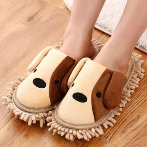 Couples Winter New Plush Slippers Lovely Dog Home Dust Mop Slippers Kitchen Bathroom House Floor Cleaner Shoes Cute Puppy Warm