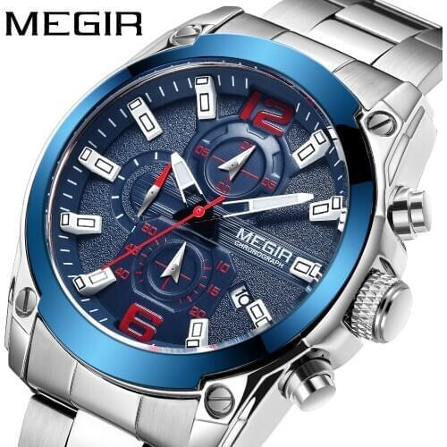 2021 Megir Mens Blue Stainless Steel Quartz Watches Business Chronograph Analgue Wristwatch for Man Waterproof Luminous