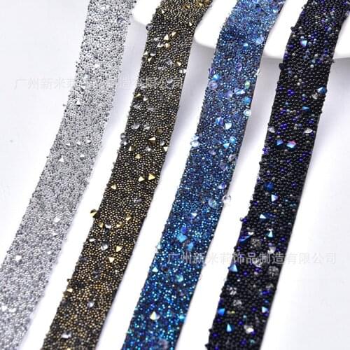 3yards Hot Fix Beaded Rhinestones Trim Motifs Ribbon Crystal Iron On Patches Applique Hotfix Strass Wedding Dress Accessories