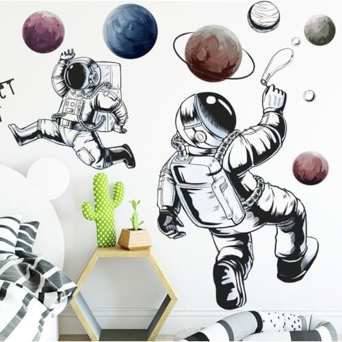 Astronaut Space Planet Wall Stickers Cartoon Background for Boys Room Kindergarten Classroom Decoration Sticker Mural 60*90cm