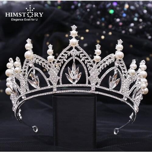 HIMSTORY Wedding Pearl Crown Luxury Diadem Headband Rhinestone Headpiece Bridal Headwear King Tiaras Princess Hair Jewerly