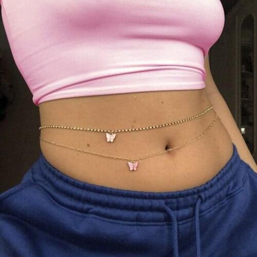 90s Aesthetic Pink Butterfly Crystal Waist Chain for Women Metal Shiny Fashion Vintage Body Accessories Charms Gifts New