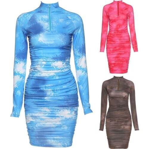 Women Long Sleeves Sexy Bodycon Midi Pencil Dress Gradient Tie-Dye Print Turtleneck Half Zip Up Ruched Pleated Clubwear