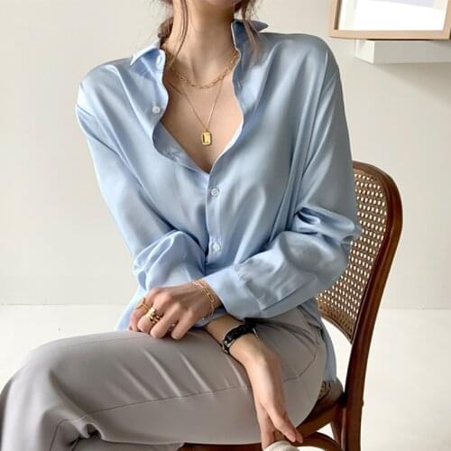 Elegant Satin Single-breasted Women Long Sleeve Blouse Tops 2021 Summer White Blue Korean Casual Female Lapel Shirts Solid