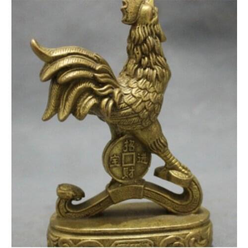 Chinese Pure Brass Zodiac JiXiang Wealth Coin Cock Rooster On RuYi Statue