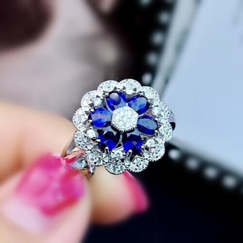 Natural real sapphire flower ring Per jewelry 925 sterling silver 3*4mm 0.3ct*6pcs gemstone Fine jewelry J212083