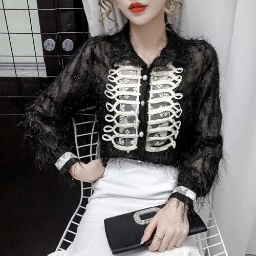 Korean fashion clothing fall 2020 women long sleeve Tassels Chiffon assorted colors loose Blouse see through shirt business top