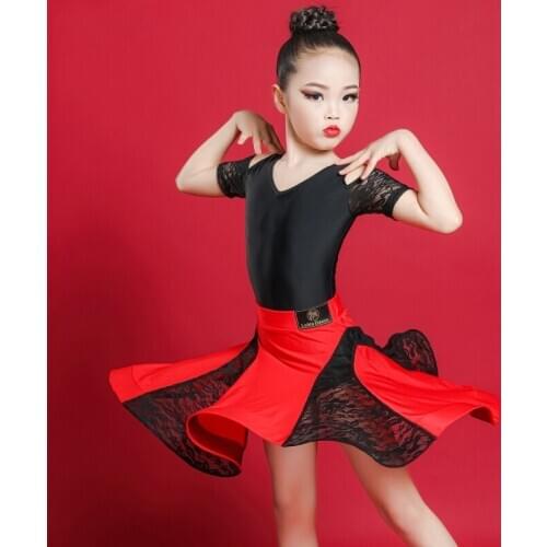 Girls Latin Dance Costume Short Sleeve Lace Tops Skirt 2 Pieces Children Professional Ballroom Samba Competition Wear DL6145