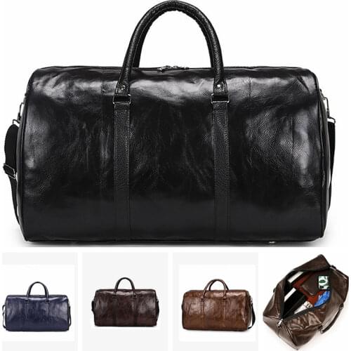 Male Leather Travel Bag Large Duffle Independent Shoes Storage Big Fitness Bags Handbag Bag Luggage Shoulder Bag Black