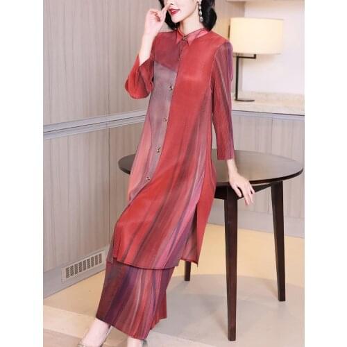 HOT SELLING Miyake Fashion fold three quarter turn-down Single-breasted Windbreaker + Wide leg pants suit IN STOCK