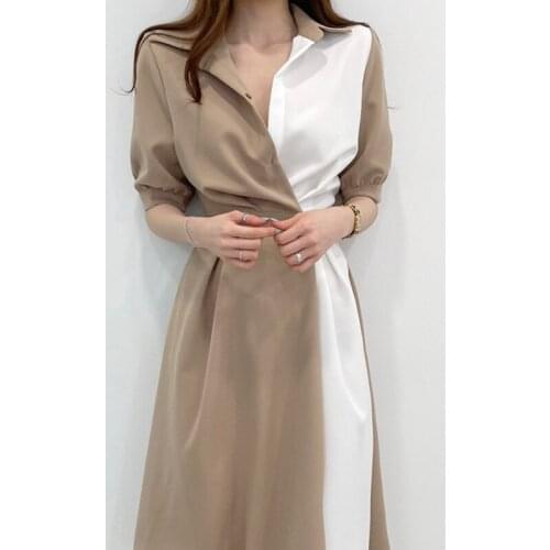 2021 Summer new styleStylish lapelPatchwork Women A-line Dress FrenchShort sleeveA buckle Elegant temperament office Dress