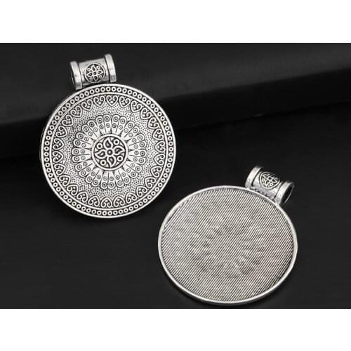 5pcs Silver Color 43x36mm Big Round Circle Charms Ethnic Style Pattern Pendant Fit DIY Jewelry Making Handcrafted Accessories