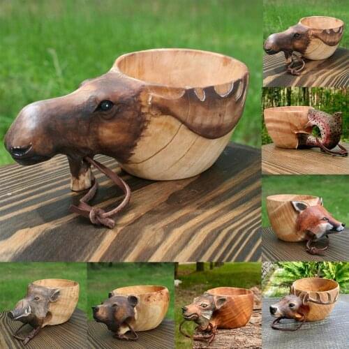 Rubber Wooden Water Cup Hand Carved Animal Shape Head Cup Creative Cute Portable Camping Tea Mug Cup Christmas Gift