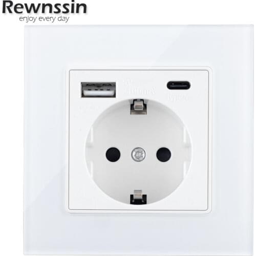 EU Plug Socket Plastic/Glass Panel Type C Fast Charging Socket Dual USB Ports EU Electrical Outlet With Power Switch Wall Socket