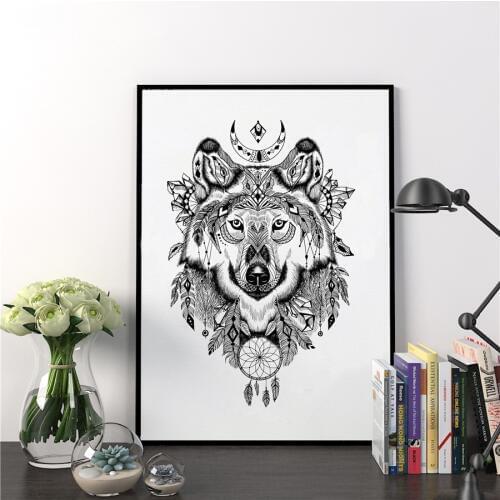 Hand Drawn Aztec Style Wolf Wall Art Print And Poster , Dream Catcher Wolf Picture Canvas Painting Home Native Decoration