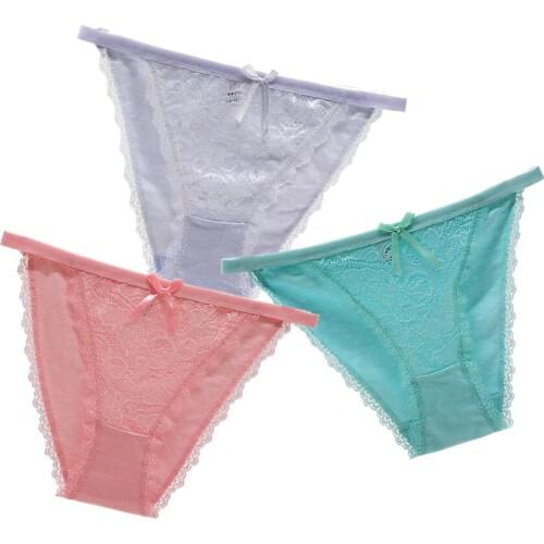 Sexy Briefs Front Lace Women Underwear Everyday Low Rise Panties Breathable Transparent Ladies Knickers Lingerie 3 PCS/Lot