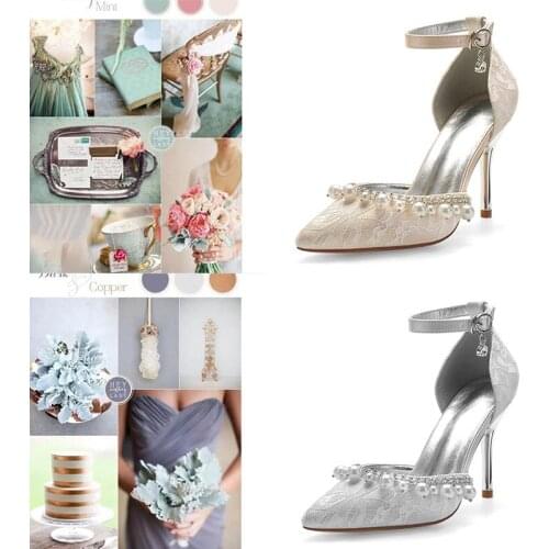 White Ladies Pumps Lace Pointed Toe Wedding Shoes For Bride Ankle Strap Evening Party Women Shoes Casual Extra Size 43