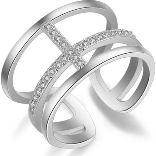 Hight Quality Jewelry New Fashion Shiny Crystal Cross Design 925 Sterling Silver Adjustable Size Rings for Women Christmas Gift