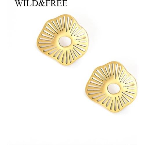 Wild&Free Trendy Irregular Gold Earrings For Women Stainless Steel Hollow Out Leaf Shape Stud Earrings Punk Style Jewelry Gift