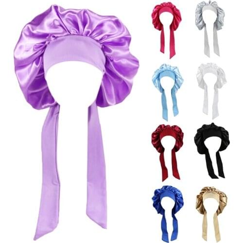 Womens Satin Bonnet with Wide Stretch Ties Long Hair Care Girls Night Sleep Hat Hair Silky Head Wrap Shower