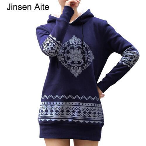 Jinsen Aite Plus Size S-XXXXL Fleece Women Pullovers Hoodies Printed Thick Warm Long With Hooded National Wind Sweatshirts JS351