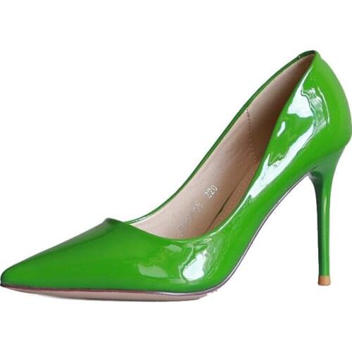 Womens shoes 9cm high heels sexy patent leather pointed head shallow mouth model shoes work shoes thin heel shoegn