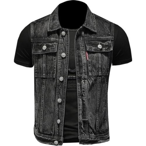 S-5XL Denim Vest Men Sleeveless Jacket Casual Jeans Coat Ripped Slim Fit Male Waistcoat Turn-down collar Streetwear black