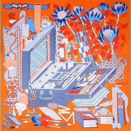 POBING 130x130cm Square Silk Scarf Women 2018 Luxury ToolBox Floral Print Foulard Silk Head Scarves Stoles Femme Twill Scarf