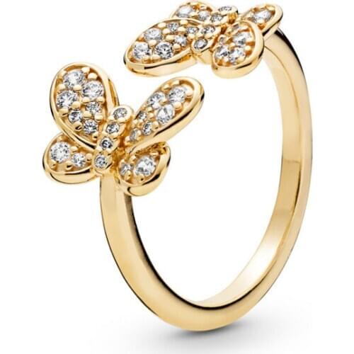 Original 925 Sterling Silver Jewelry Women Rings Clear CZ Dazzling Butterflies Rings for Women Golden Shine Jewelry Open Rings