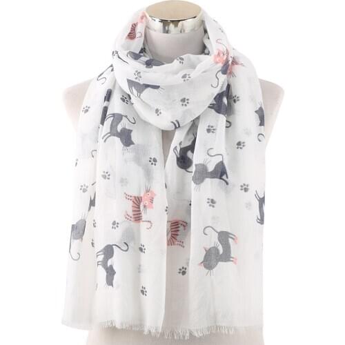2019 Fashion Cat Print Scarves Shawls Cute Animal Cat Paw Pattern Frayed Scarf Shawls Wrap Hijab 2 Color Free Shipping