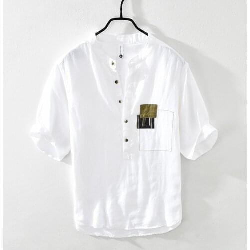 White Short Sleeve Shirt for Men Summer New Japanese Fashion Pure Linen Tops Male Pullover Thin Slim Fit Retro Clothes