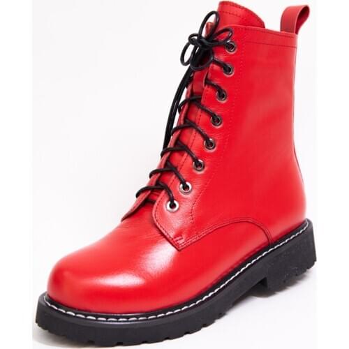 Leather Ankle Boots Women Autumn Winter Square Heel Cross Strap Shoes Woman Round Toe Lace Up Red Zipper Short Boot