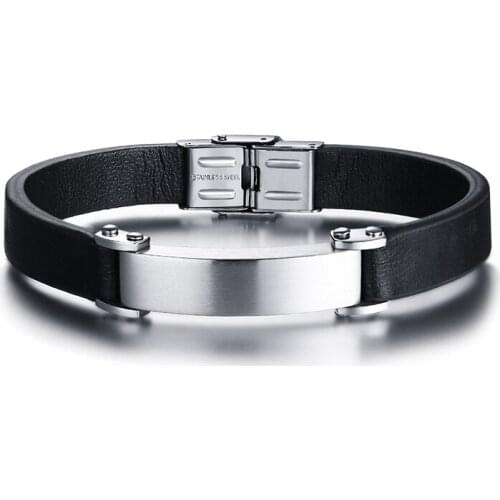 11mm Black Genuine Leather Bracelet for Men Customize ID Bangle Stainless Steel Casual Simple Male Jewelry Adjustable