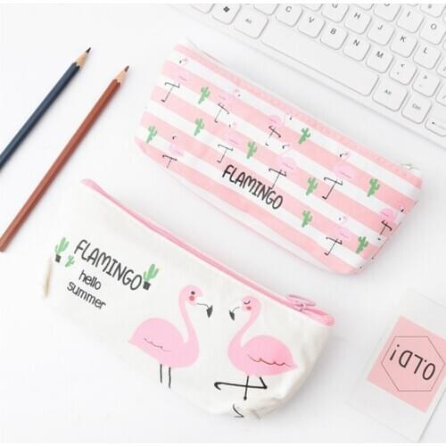 Cute Pink Flamingo Pencil Case Canvas Cactus Pencil Bags Pouch Pen Box Storage Organizer For Girls School Supplies Stationery