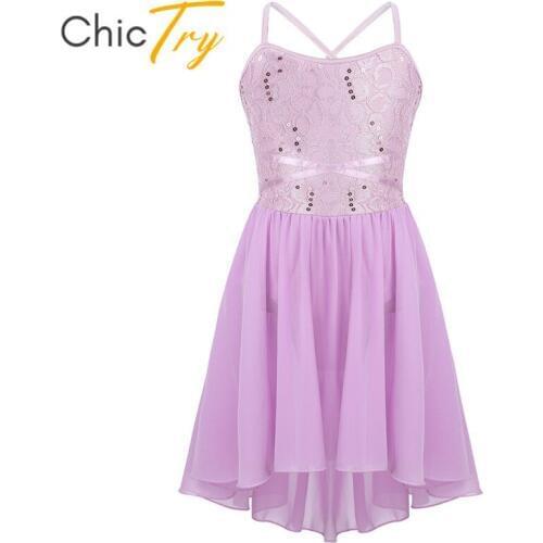 ChicTry Kids Girls Lyrical Dance Costumes Spaghetti Straps Sequins Lace High-Low Hem Chiffon Ballet Leotard Figure Skating Dress