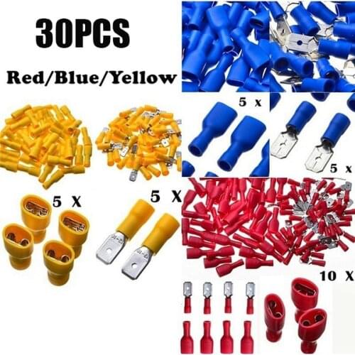 30Pcs Insulated 12-10/16-14/22-18AWG Spade Electrical Connectors Crimp Male & Female Connectors Kits