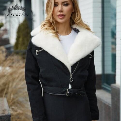2021 New Women White Real Mink Fur Big Lapel Denim Jacket Ring Zipper Design Short Warm Coat Fashion Denim Outer Clothing Winter