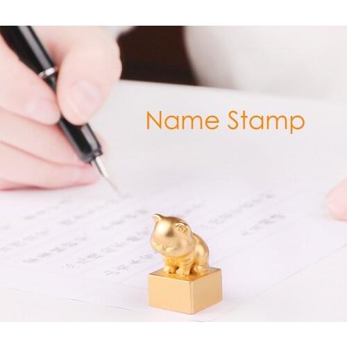 Cute Cat Design Copper Personal Stamp Chinese Traditional Style Customize Chinese English Name Stamps With Inkpad For Birthday