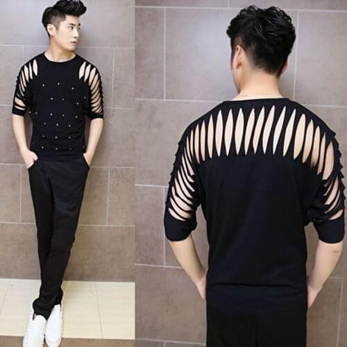 Men hollow out rivet nightclub DJ singer punk rock t shirt sexy stage costume mens harajuku hipster tee shirts streetwear