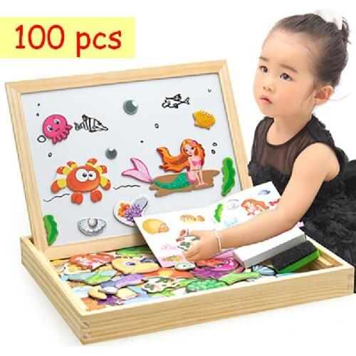 Montessori Educational Magnetic WoodenJigsaw Game Toys Gift 100pcs Childrens Magnetic Animal Puzzles Circus Drawing Busy Board