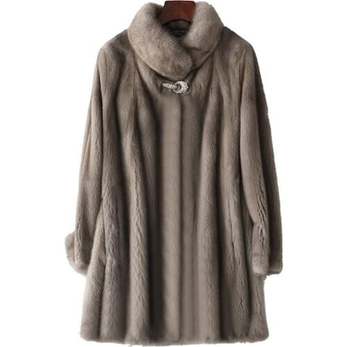 Womens Mid-Length Mink Fur Coat Neckline Diamond Buckle Breathable Loose Girls Thick Warm Fur Coat Jacket Fashion Casual Style